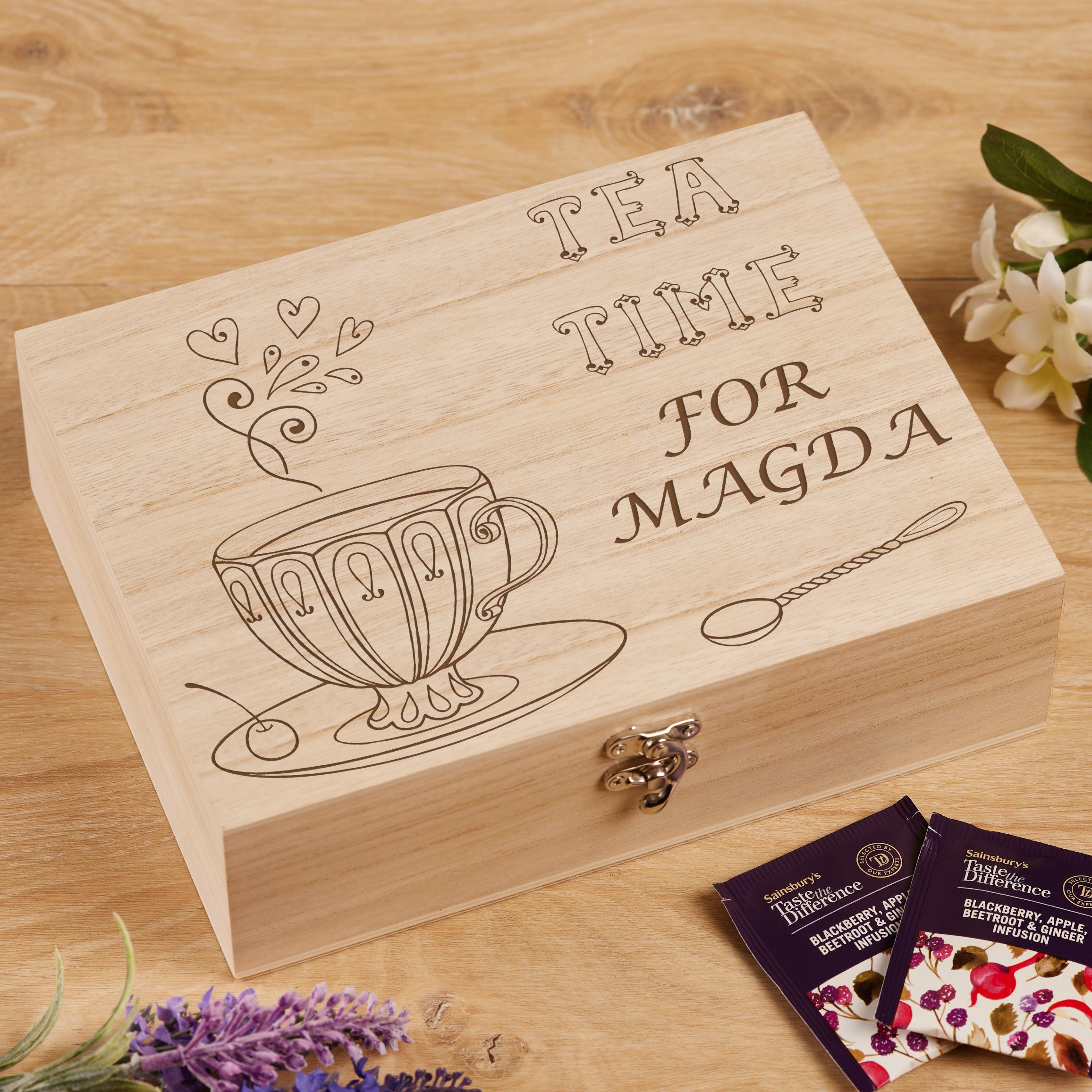 Personalised Tea Box Engraved With Tea Cup and Love Hearts Tea Box Raised Words
