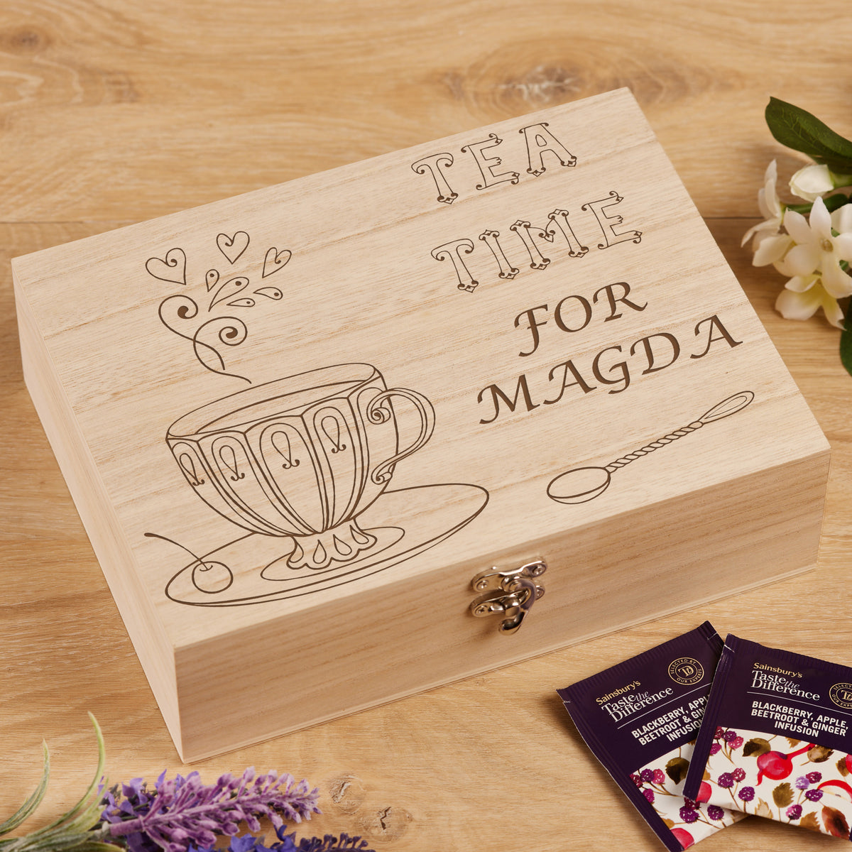 Personalised Tea Box Engraved With Tea Cup and Love Hearts Tea Box Raised Words