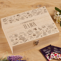 Personalised Tea Box Engraved With Tea Bag Holder With Pot and cups