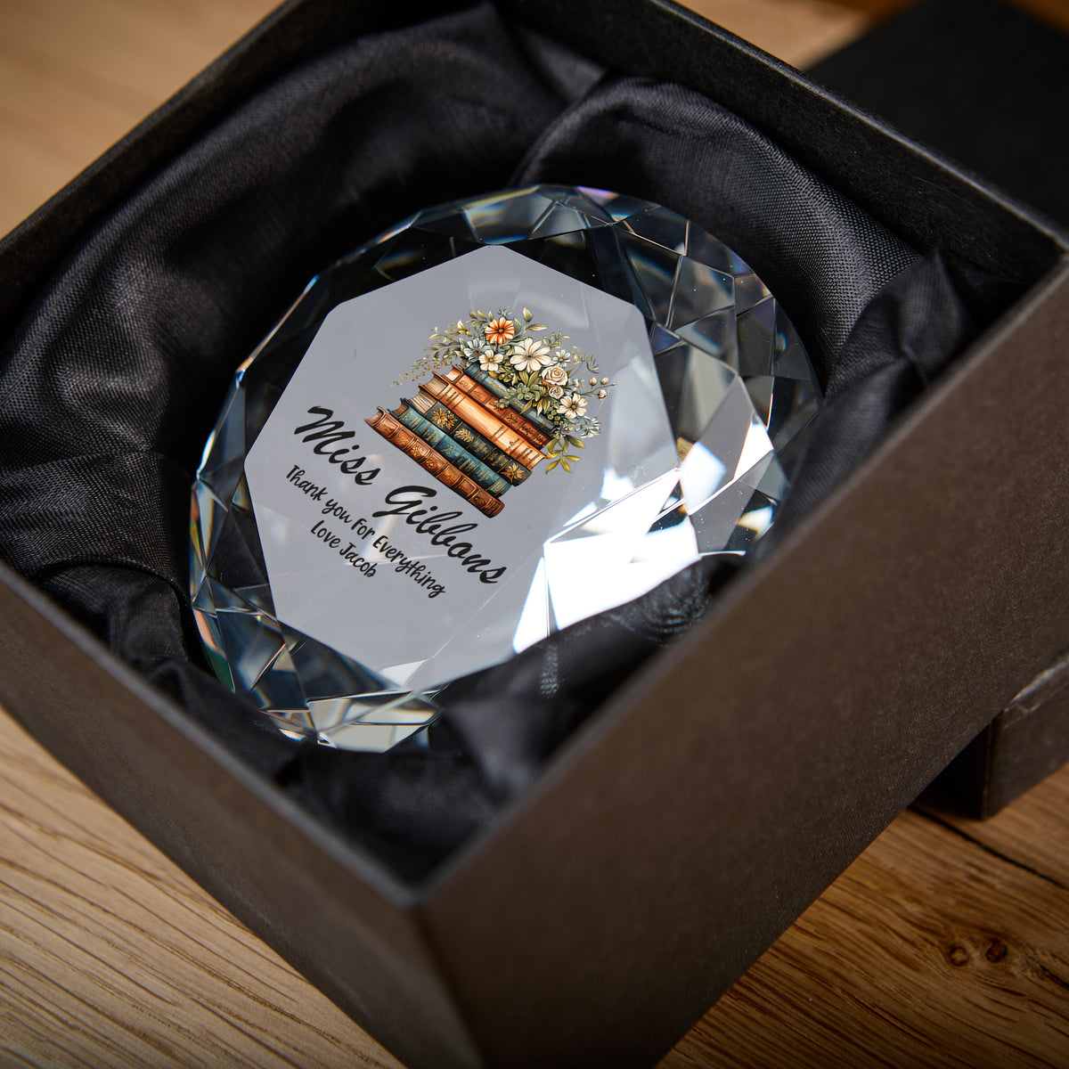 Personalised Teacher Diamond Paperweight Gift With Floral Books