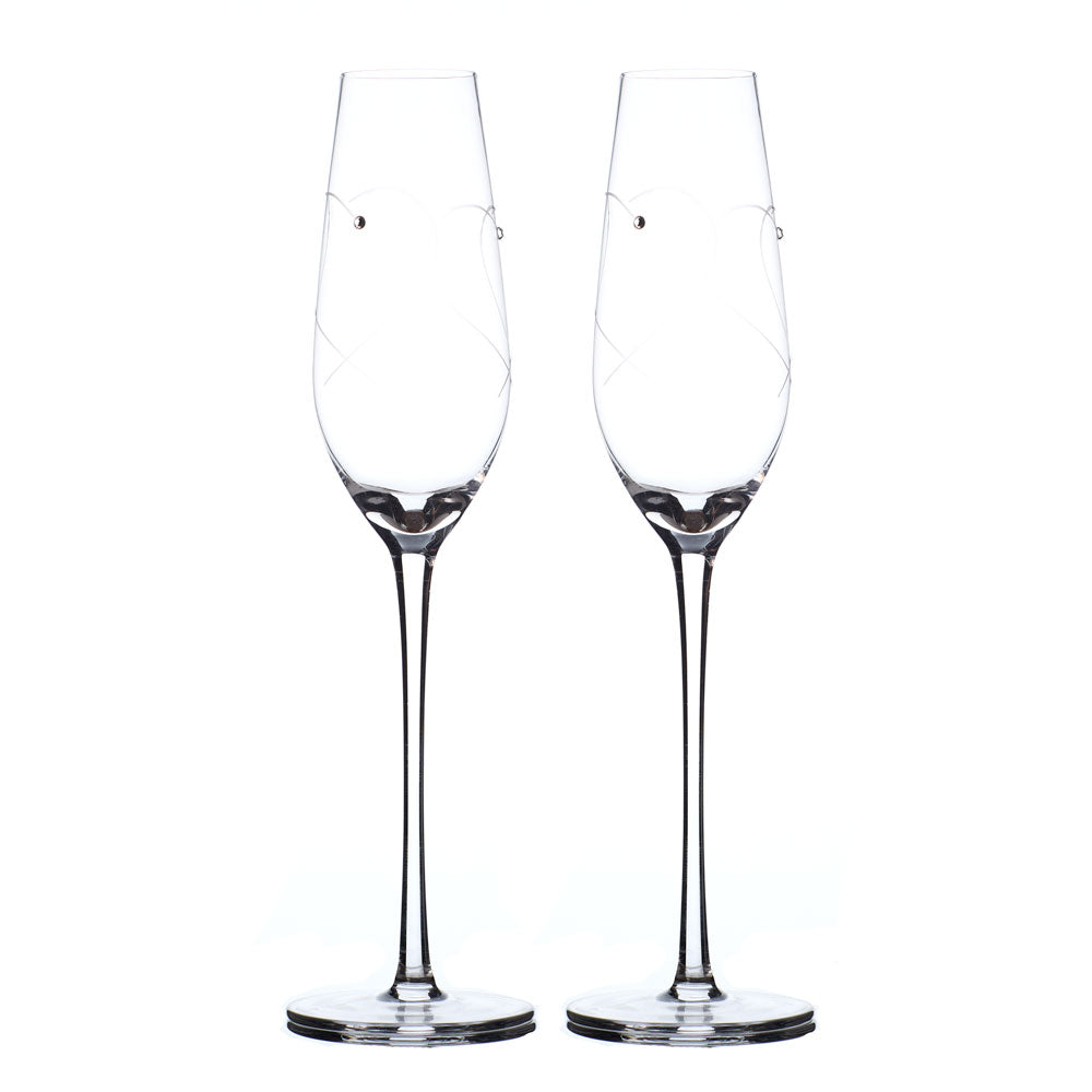 Pair Of Luxury Champagne Flute Glass with Doble Heart and Crystals Wedding Anniversary