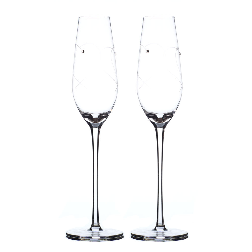 Pair Of Luxury Champagne Flute Glass with Doble Heart and Crystals Wedding Anniversary