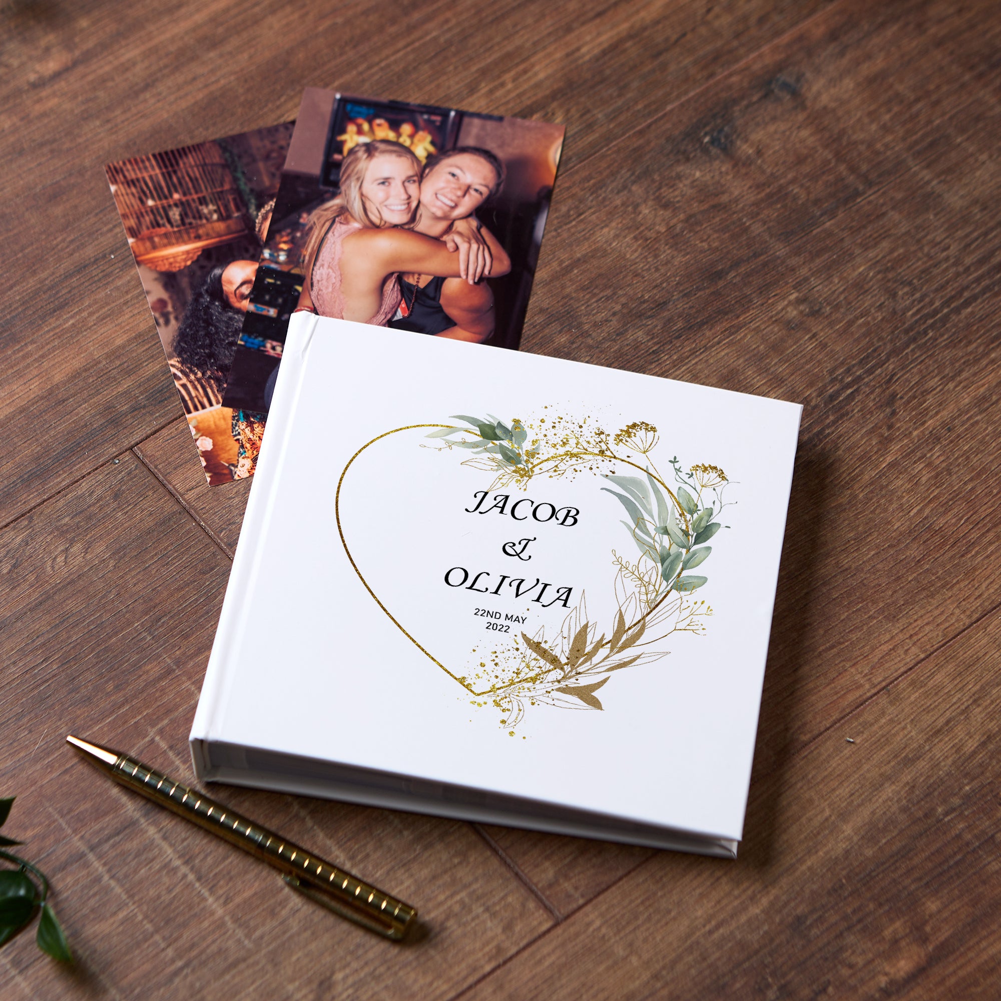 Personalised Wedding Photo Album Gift Gold Green Wreath Heart