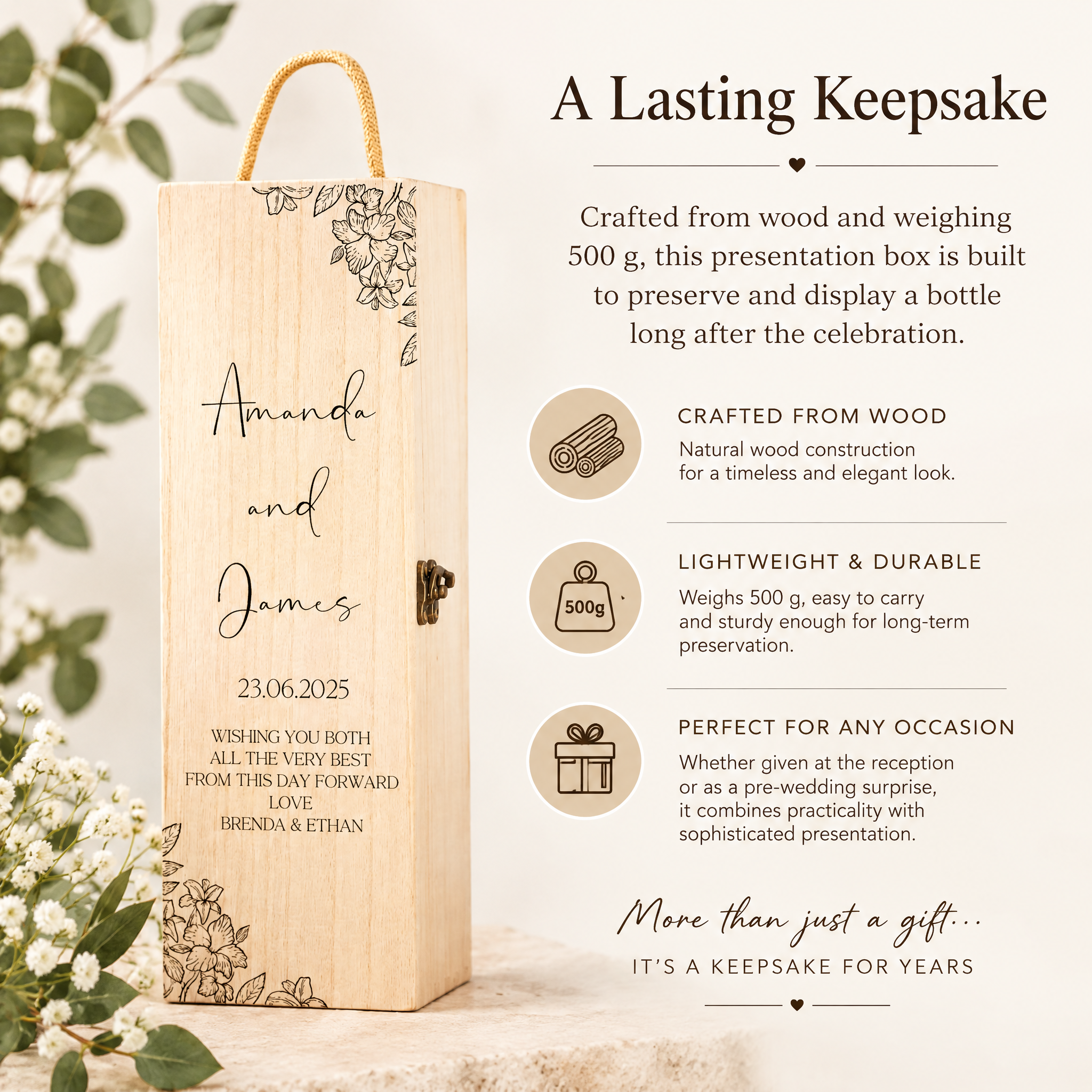 Personalised Wedding Wine Box, Floral Wooden Gift For The Couple Champagne Bottle Holder ukgiftstoreonline