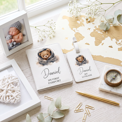 Personalised Baby Passport Cover, Teddy Leatherette Gift Box Set Baby Product ukgiftstoreonline