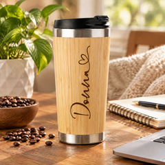 Personalised Bamboo Travel Mug, Insulated 420Ml, Heart Name Gift Personalised Mugs ukgiftstoreonline