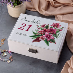 Personalised Beautiful 21st Birthday Jewellery Box Orchid Flower Design Special Birthday Gift Personalised Jewellery Box ukgiftstoreonline
