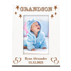 Personalised Grandson White Engraved Wooden Photo Frame Gift