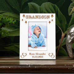 Personalised Grandson White Engraved Wooden Photo Frame Gift