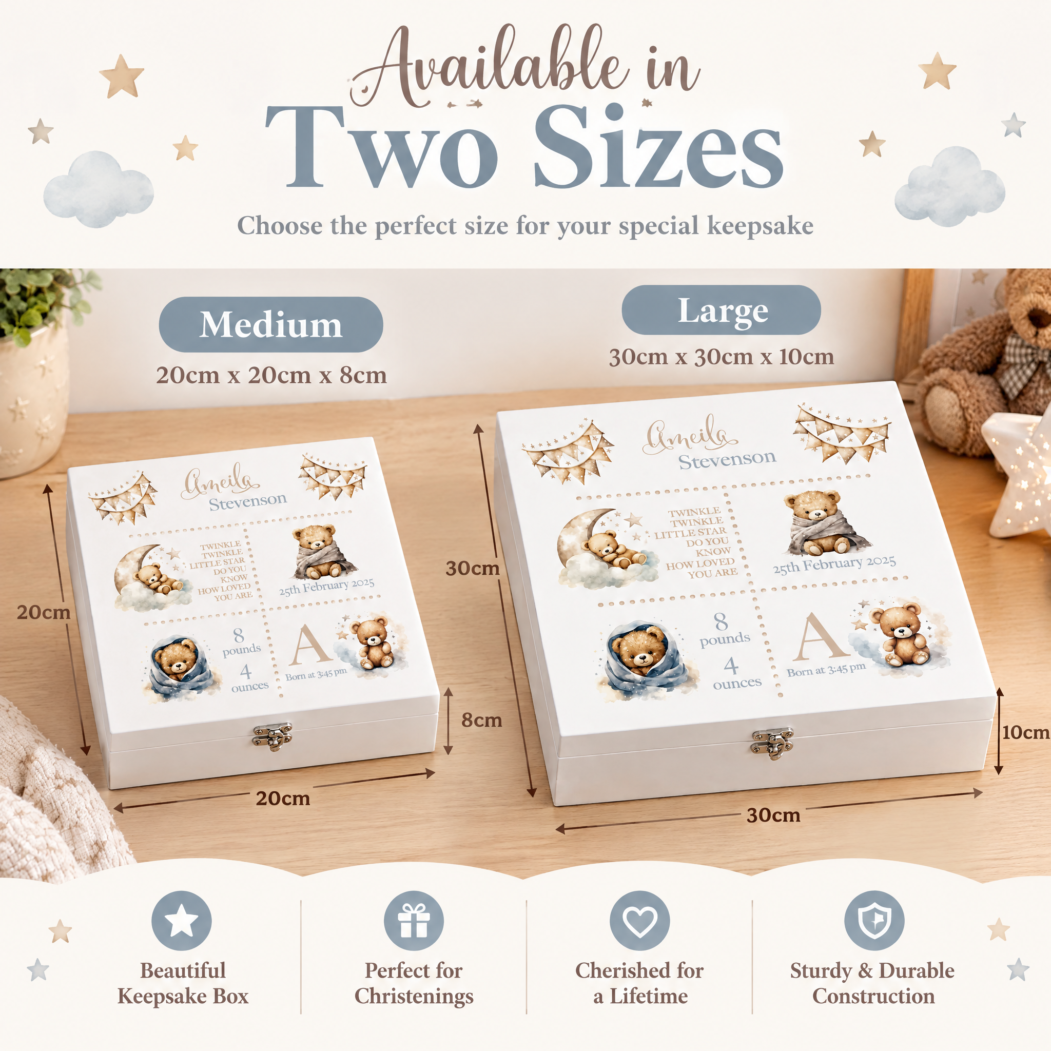 Personalised Baby Memory Keepsake Box with Cute Teddy Icons and Birth Details ukgiftstoreonline