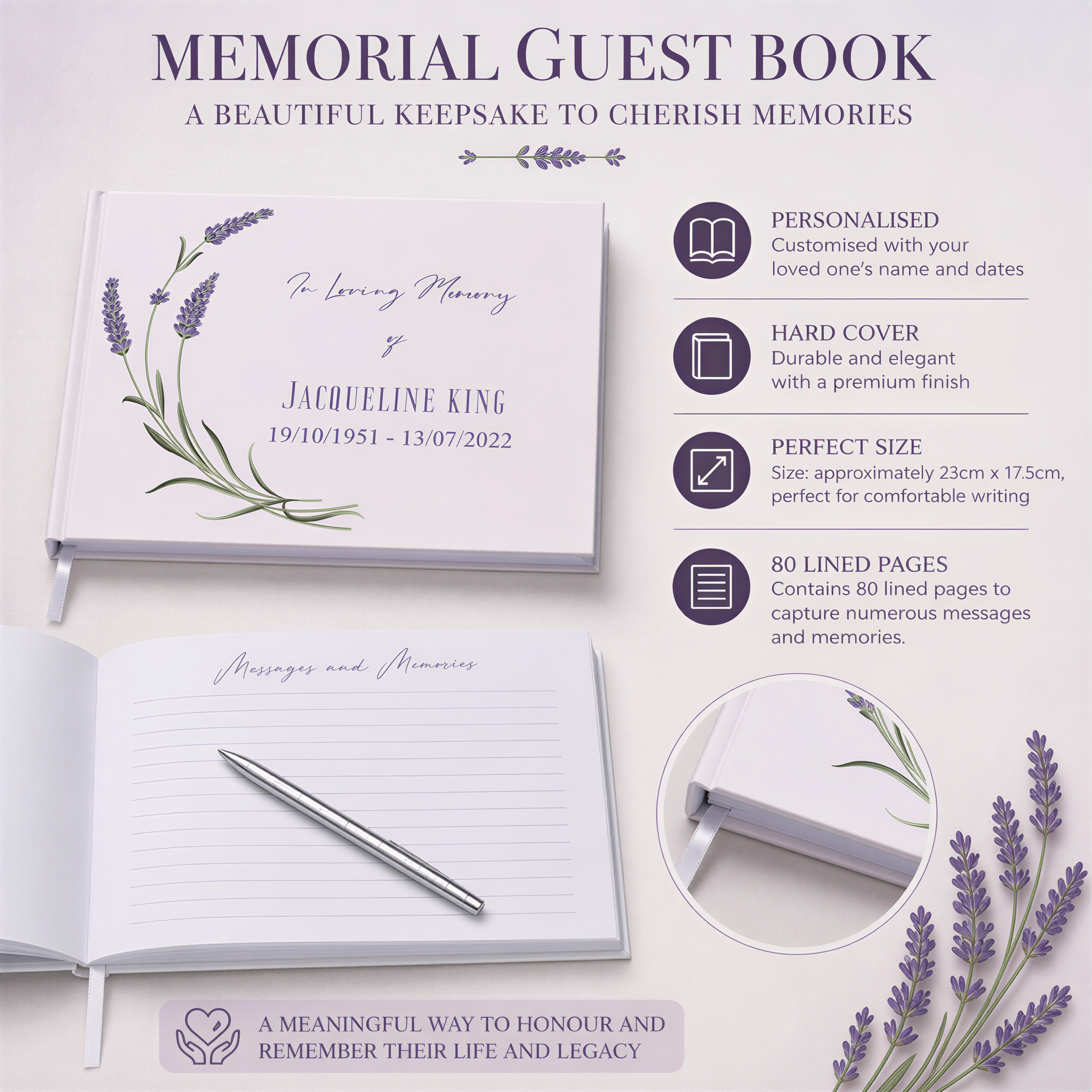Personalised Memory Funeral Book Remembrance Guest Book With Lavender Hard Cover 80 Pages Guest Book ukgiftstoreonline