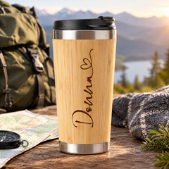 Personalised Bamboo Travel Mug, Insulated 420Ml, Heart Name Gift Personalised Mugs ukgiftstoreonline