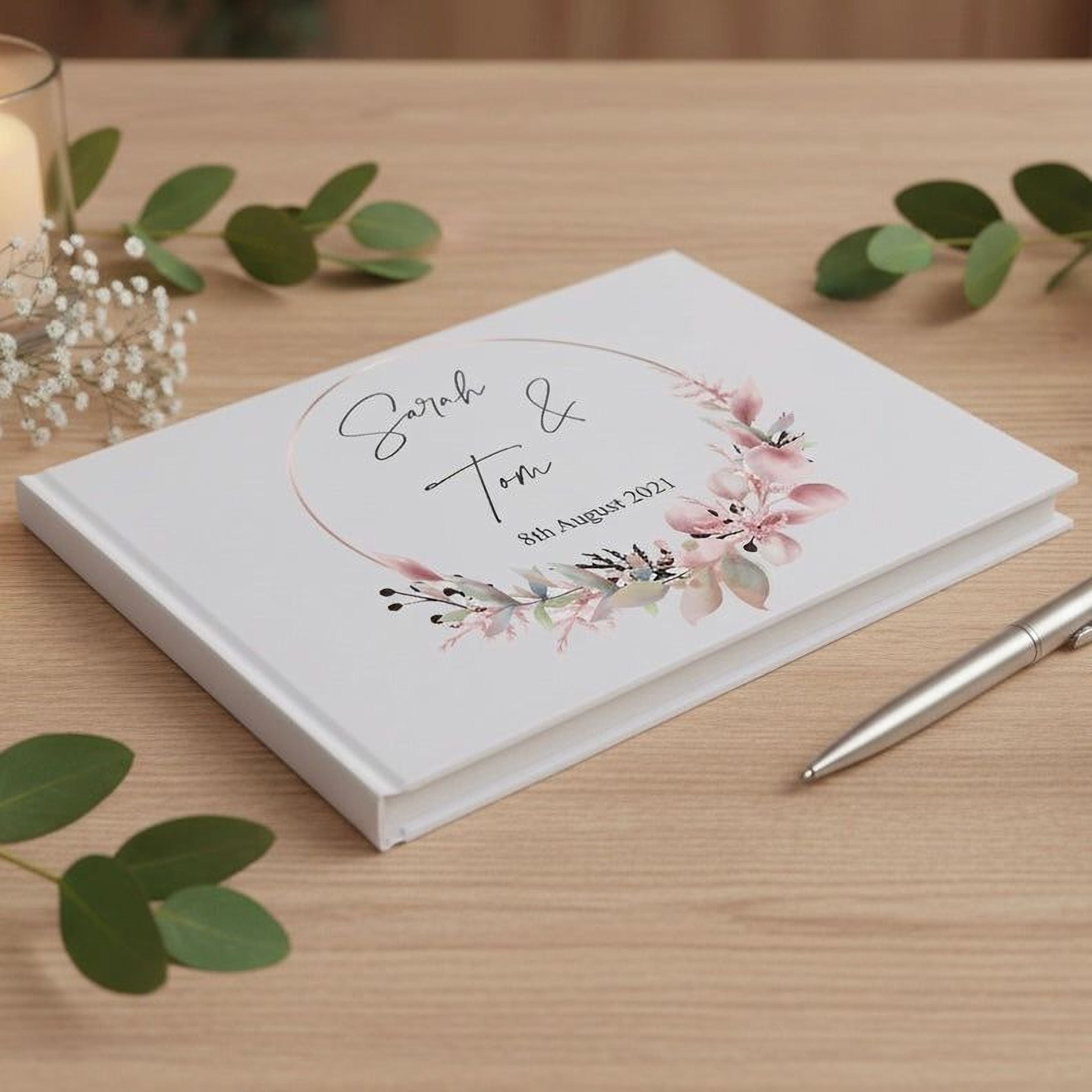 Personalised Floral Wreath Wedding Lined Guest Book Hard Cover 80 Pages Guest Book ukgiftstoreonline