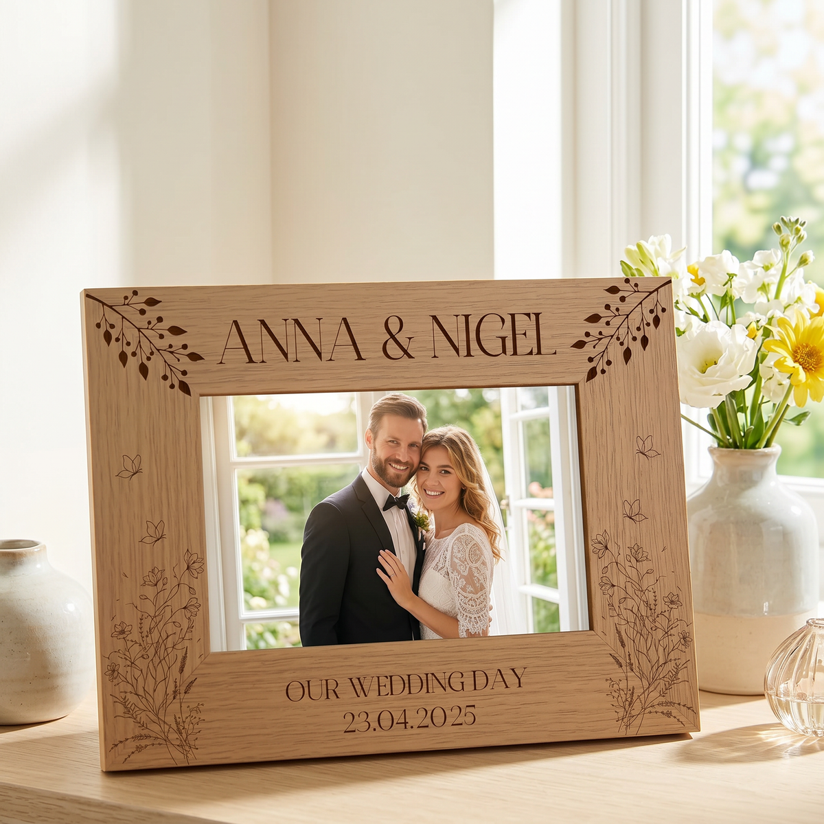 Personalised Wooden Engraved Photo Frames Wedding Any Message Multiple Sizes With Wildflowers Photo Frame ukgiftstoreonline 4 x 6 Inch Landscape