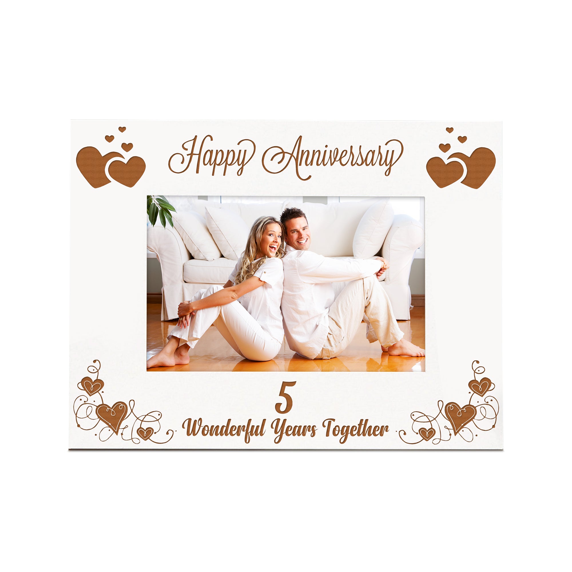 5th Anniversary White Wooden Engraved Photo Frame Gift