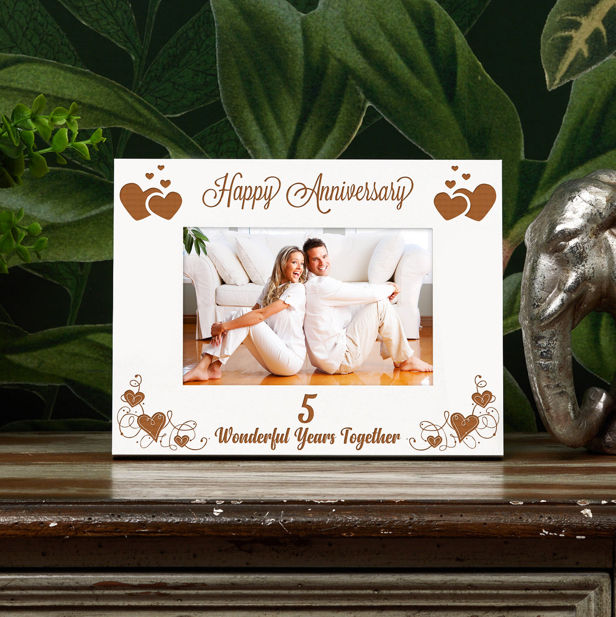 5th Anniversary White Wooden Engraved Photo Frame Gift