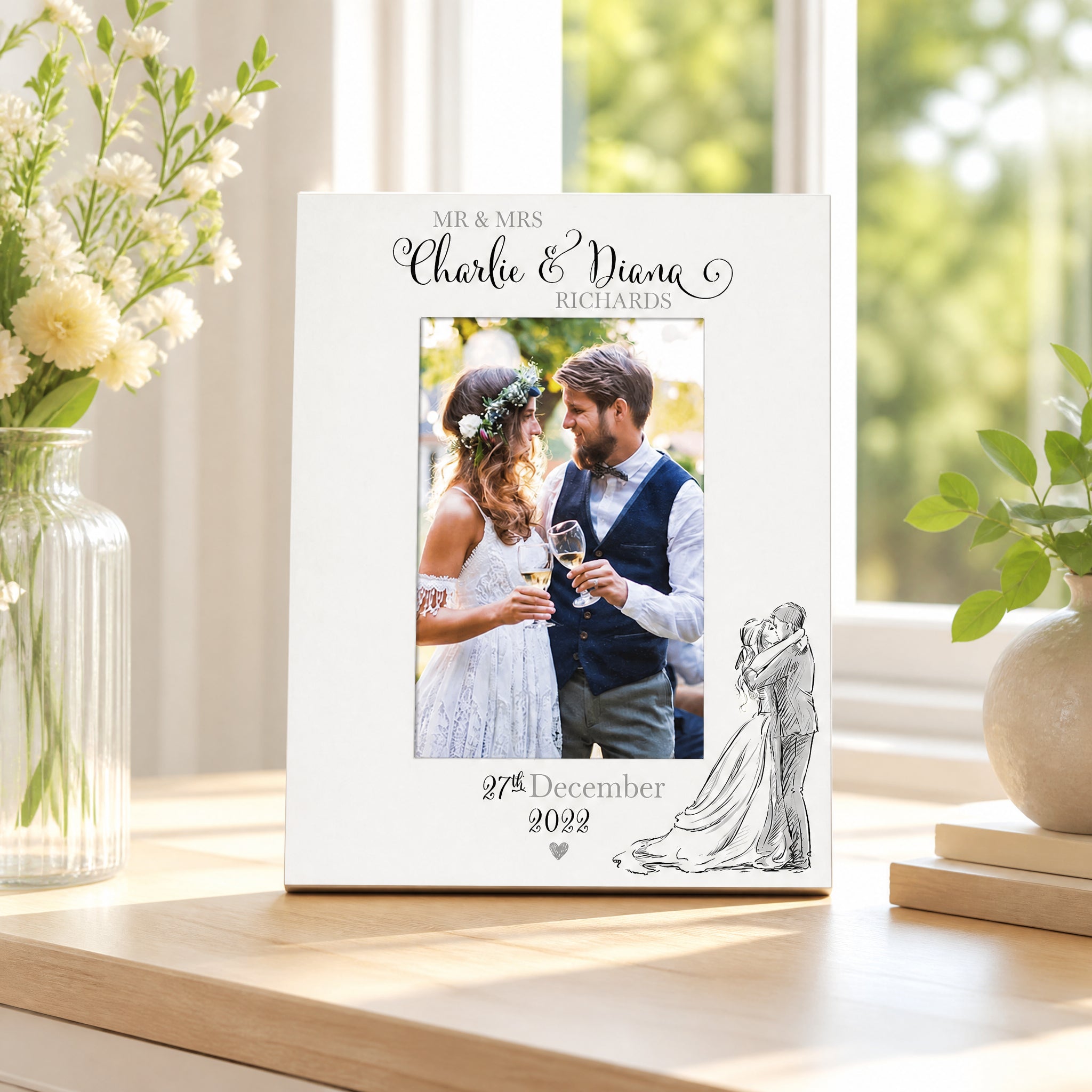 Personalised Wedding Day Wooden Photo Frame Gift With Sketch Couple Photo Frame ukgiftstoreonline