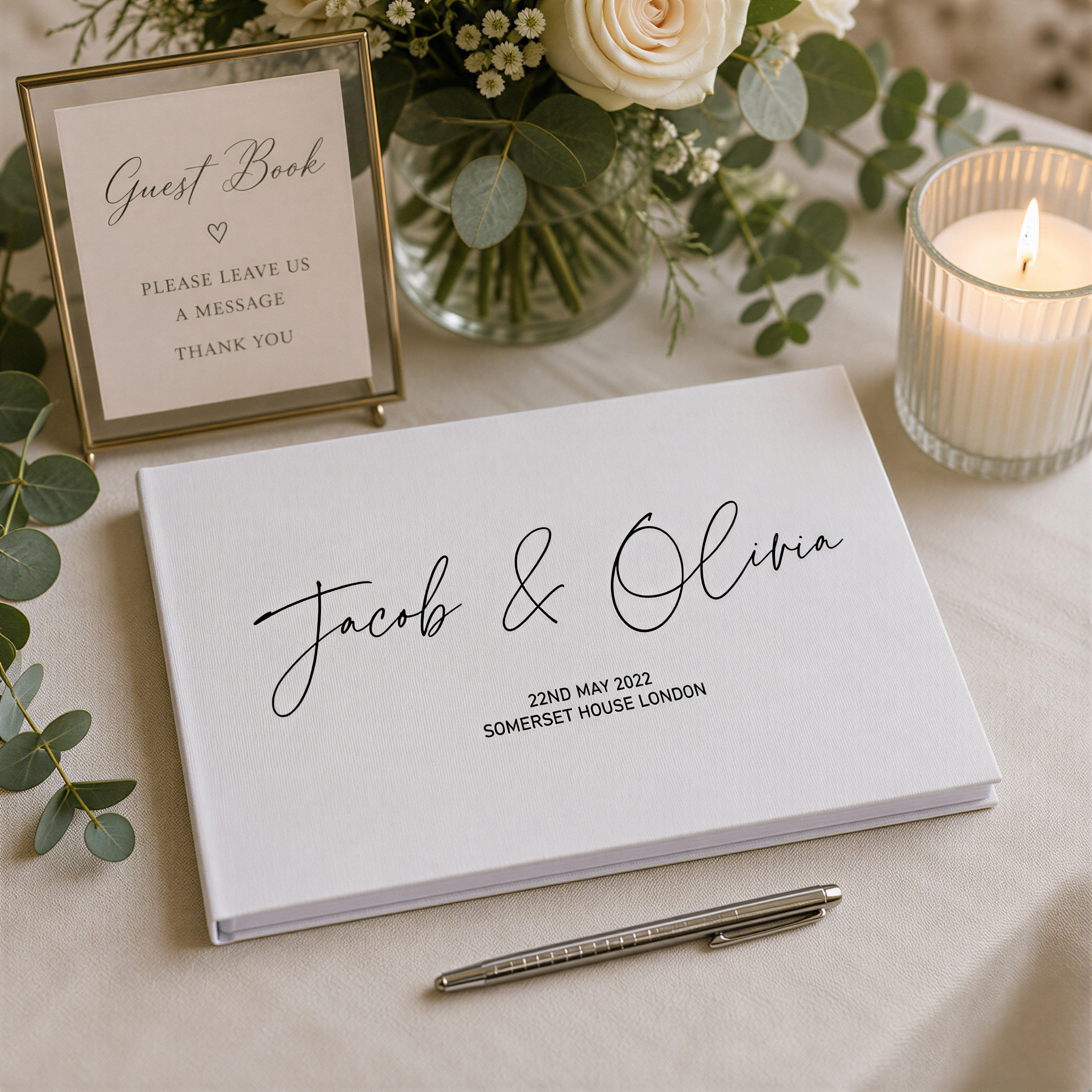 Personalised Wedding Guest Book, Modern Linen Printed, White A4 Guest Book ukgiftstoreonline