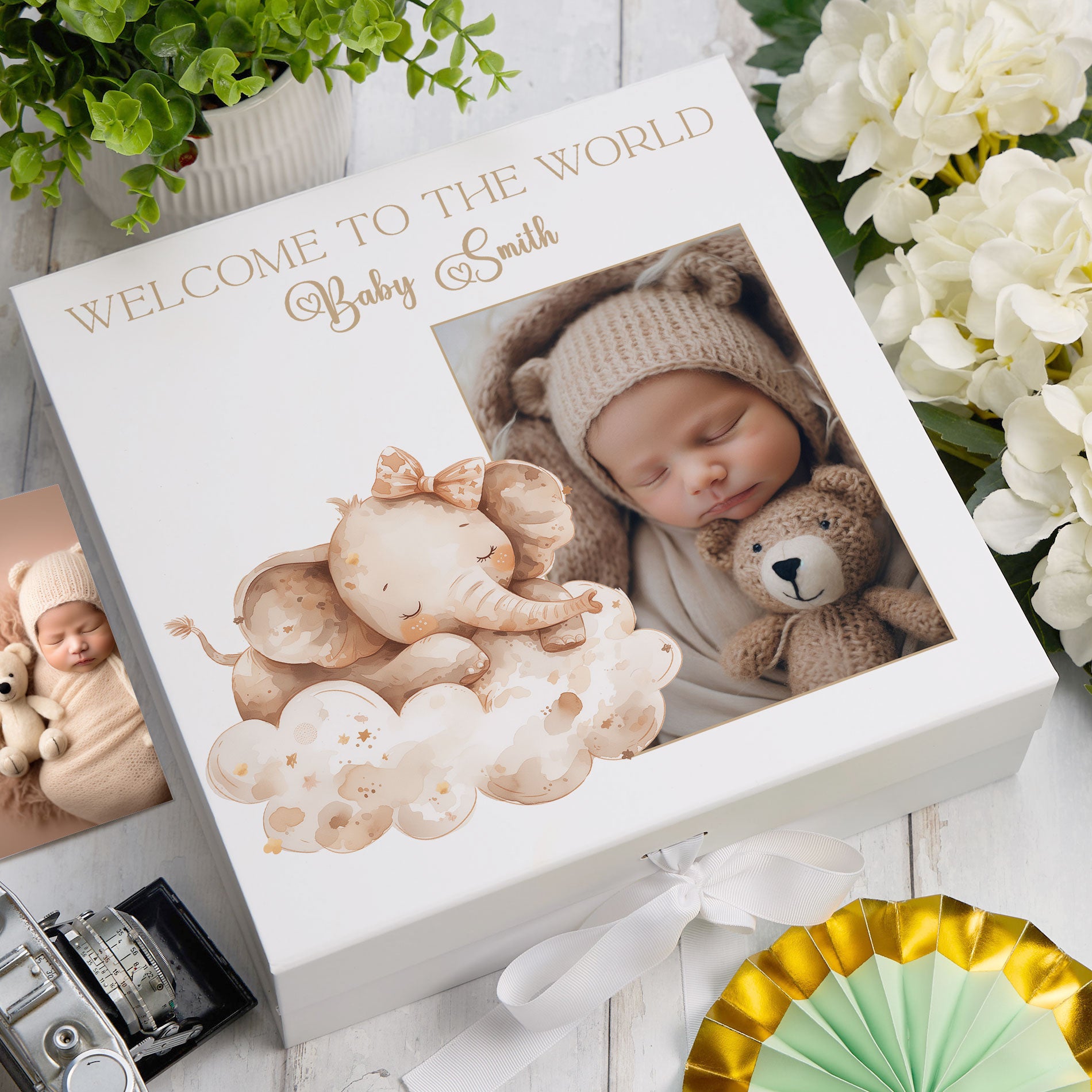 Personalised White Baby Memory Box, Cute Sleeping Animal Design, Keepsake For Special and Favourite Mementos