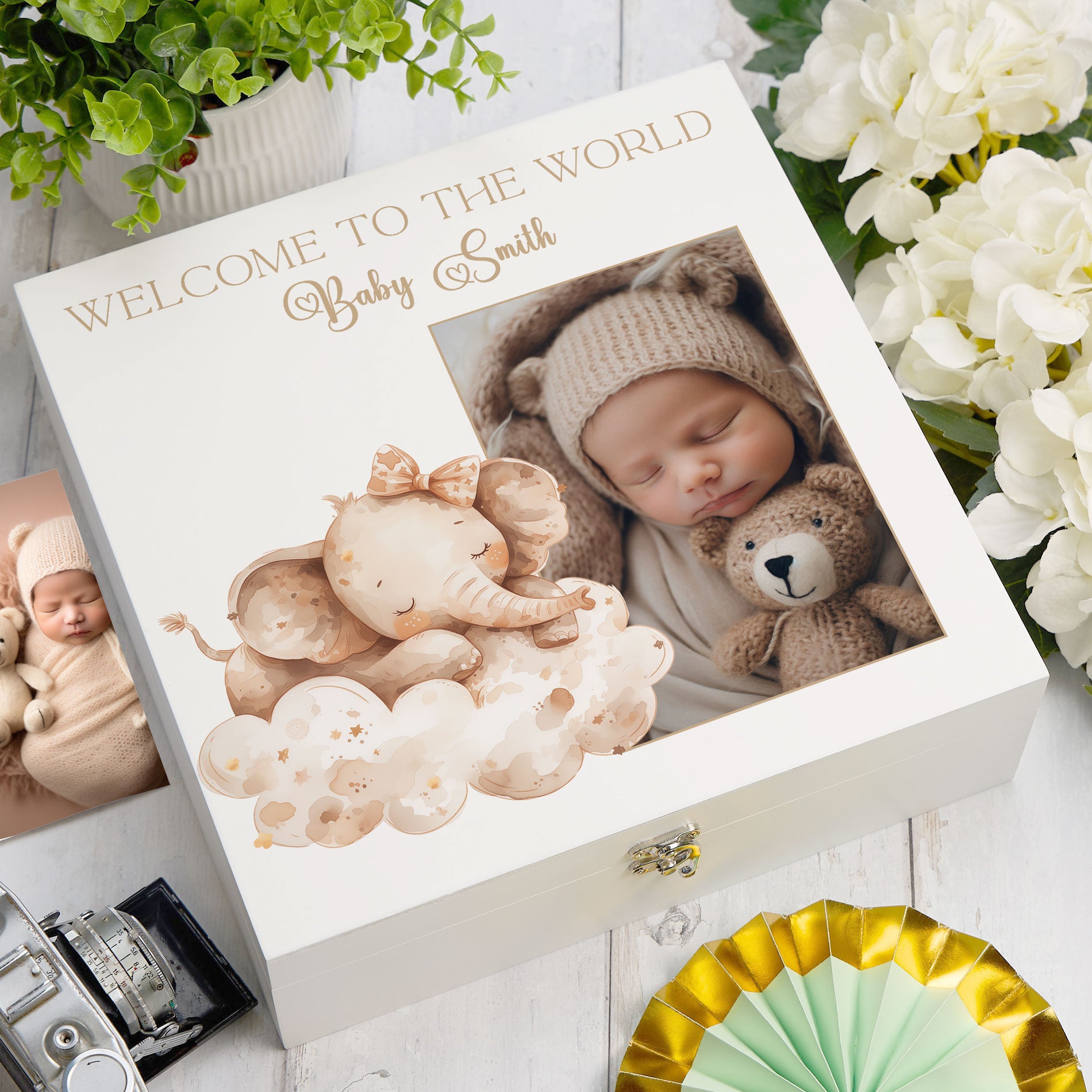 Personalised White Baby Memory Box, Cute Sleeping Animal Design, Keepsake For Special and Favourite Mementos