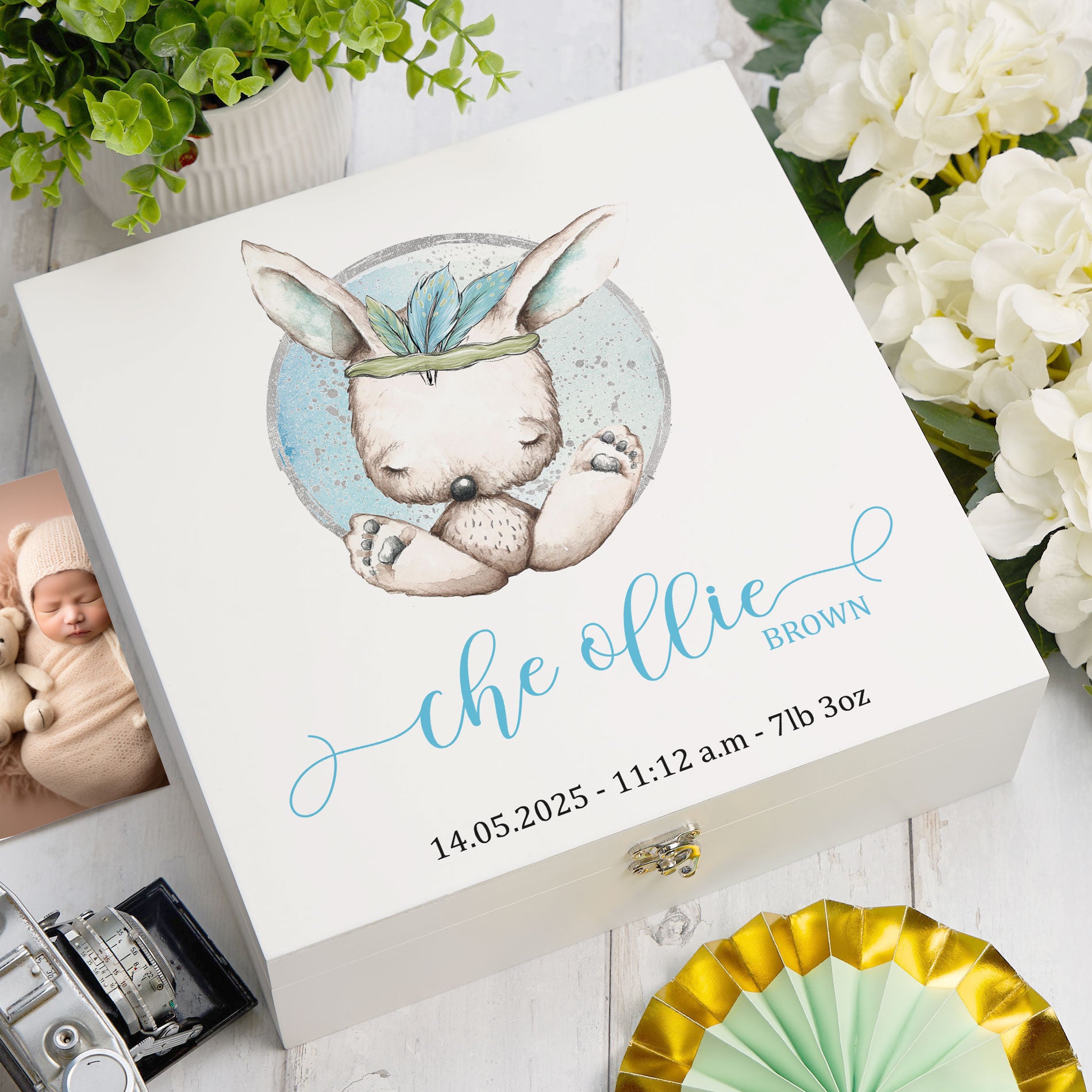 ukgiftstoreonline Personalised Baby Boy Gift Keepsake Memory Box Sitting Rabbit