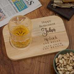 Personalised Gift For Retirement Wooden Drink Serving Board With Name and Sentiment