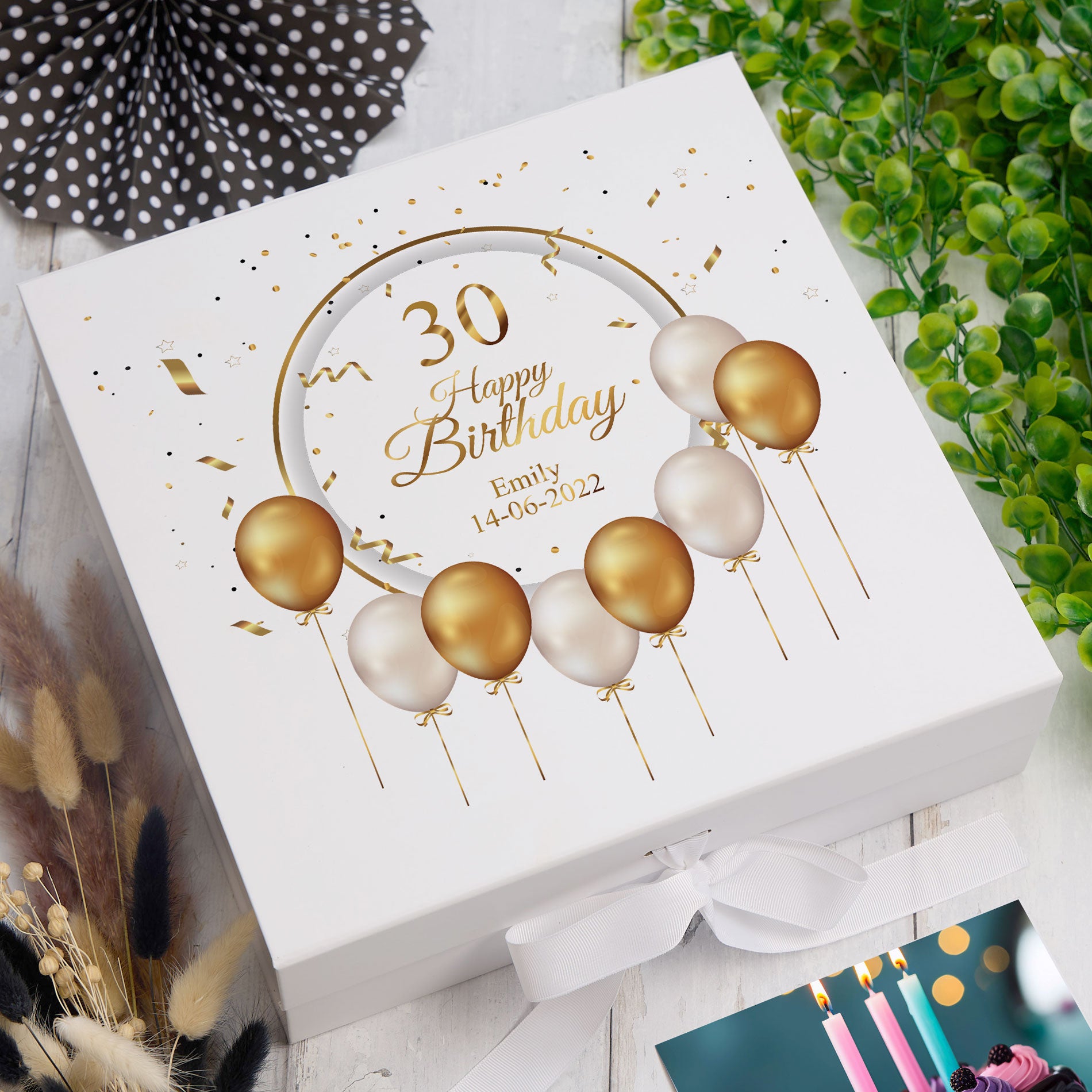 Personalised 30th Birthday Keepsake Box Gift With Gold Balloons