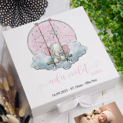 ukgiftstoreonline Personalised Baby Girl Gift Keepsake Memory Box Elephant On Swing
