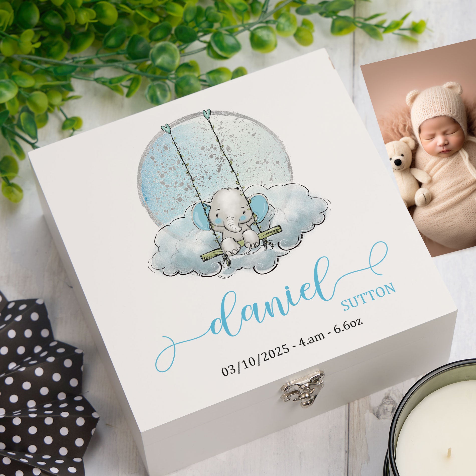 ukgiftstoreonline Personalised Baby Boy Gift Keepsake Memory Box Elephant On Swing