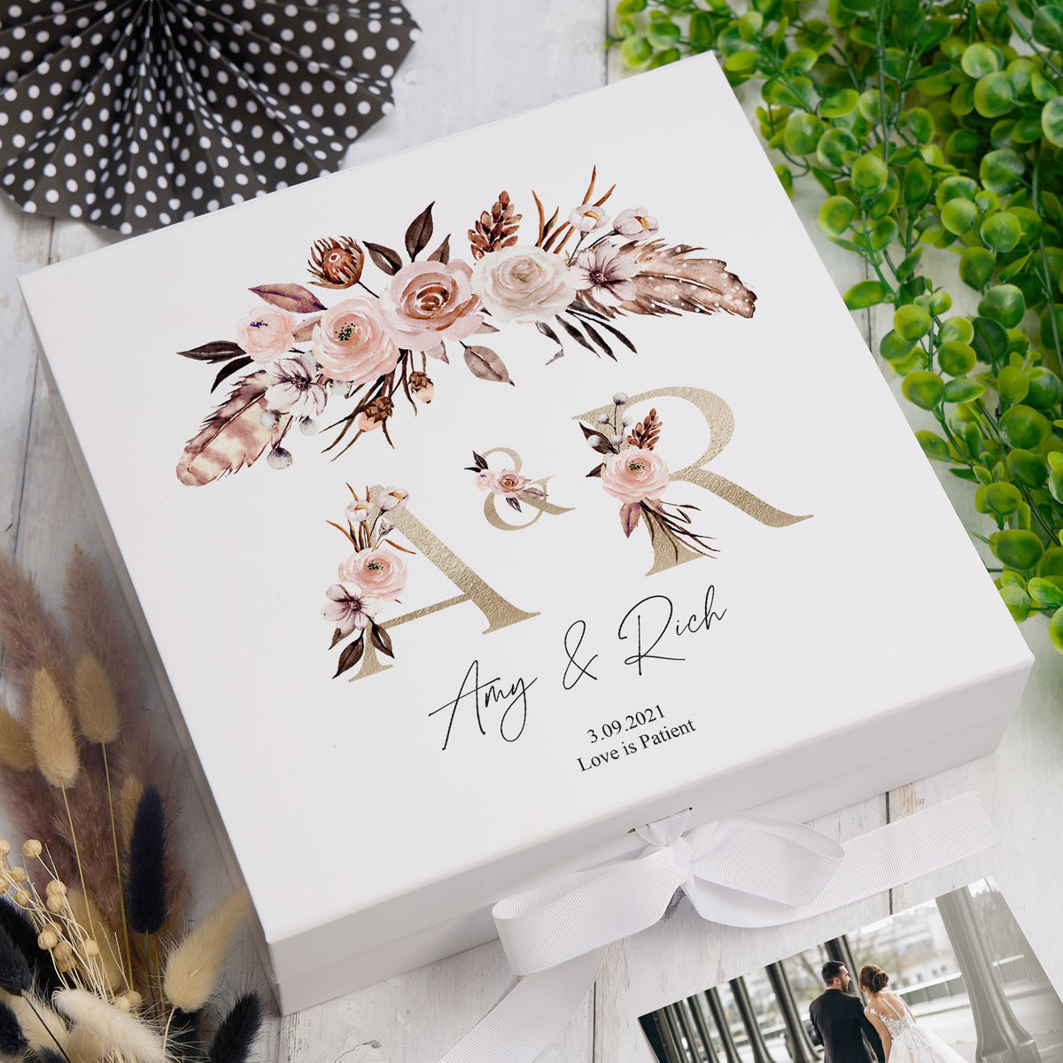 ukgiftstoreonline Personalised Boho Style Golden Text Wedding Keepsake Memory Box Gift