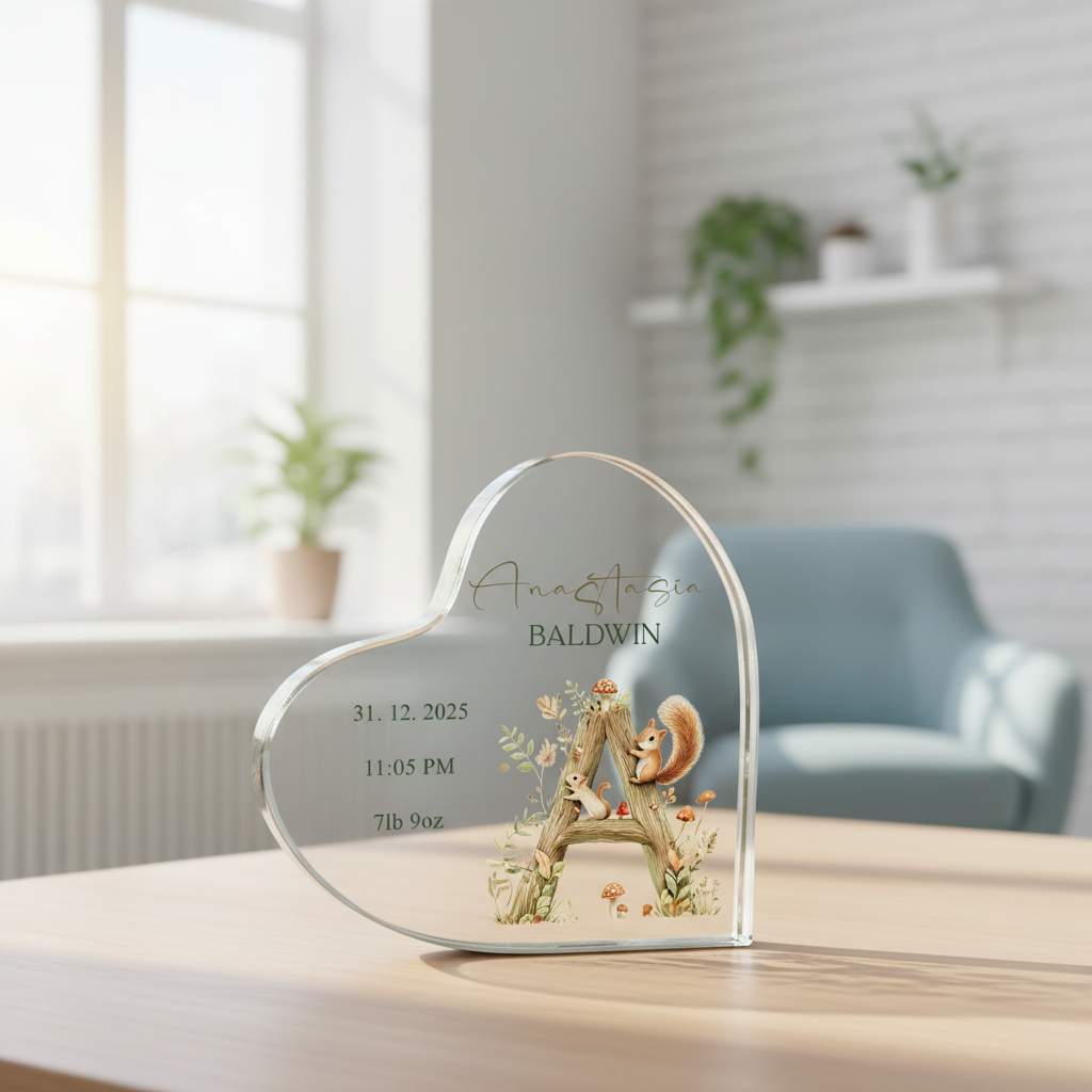 Personalised New Baby Gift Heart-Shaped Acrylic Plaque Custom Keepsake Woodland Alphabet Design Acrylic Glass Gift ukgiftstoreonline