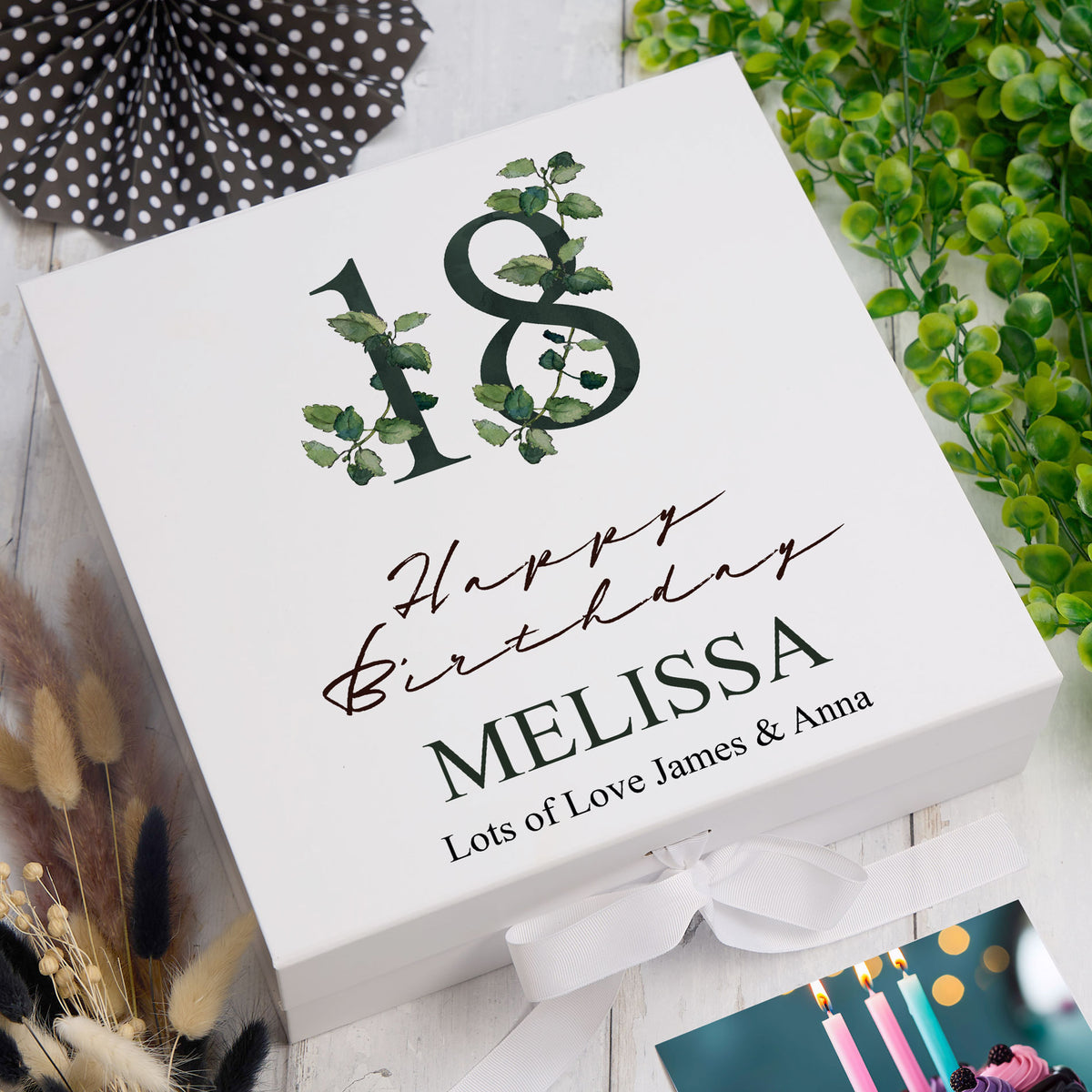 Personalised 18th Birthday Green Leaf Design Keepsake Memory Gift Box.
