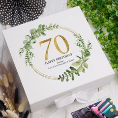 Personalised 70th Birthday Gift for her Keepsake Memory Box Gold Wreath Design