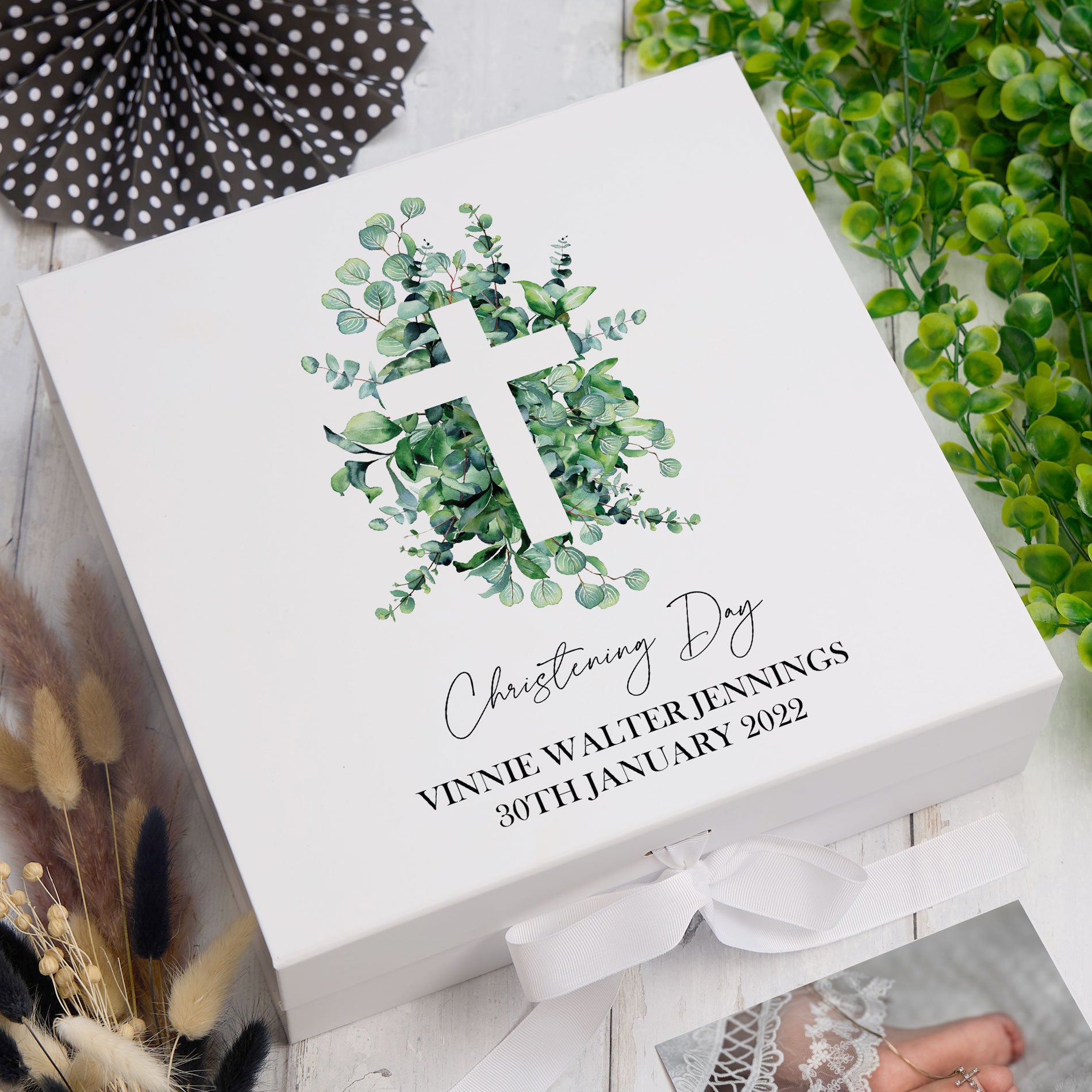 Personalised Christening Keepsake Box Gift With Cross and Eucalyptus