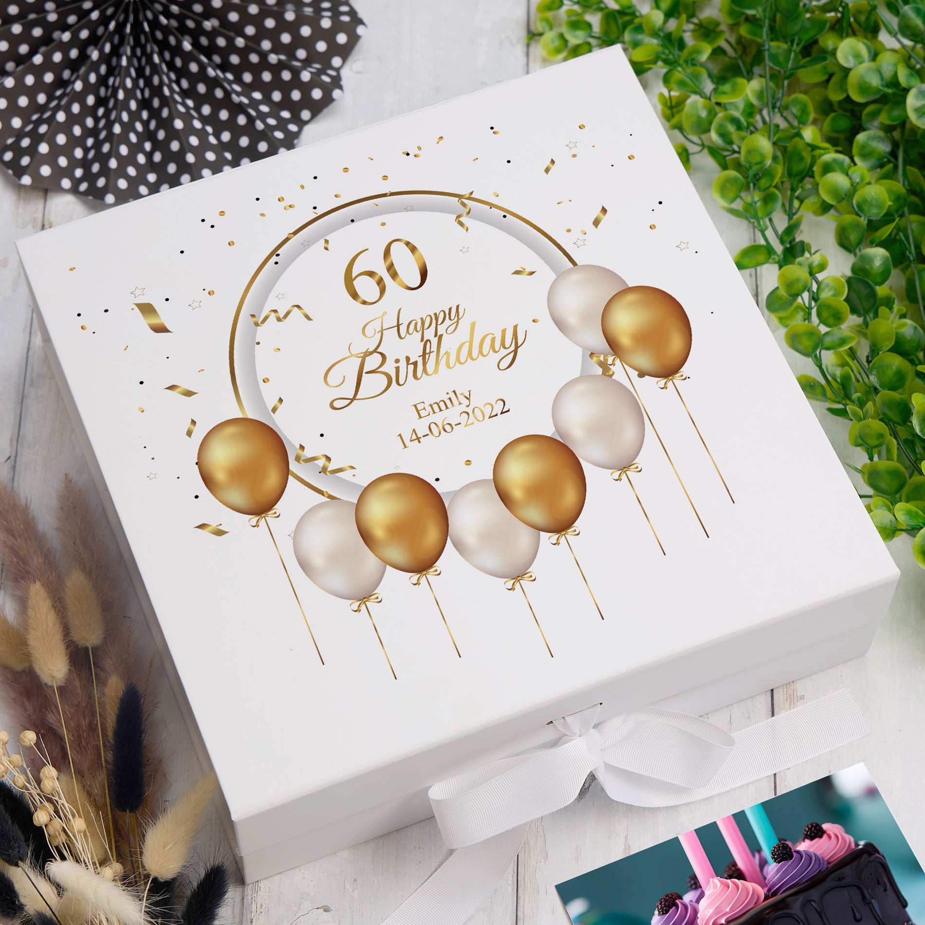 Personalised 60th Birthday Keepsake Box Gift With Gold Balloons