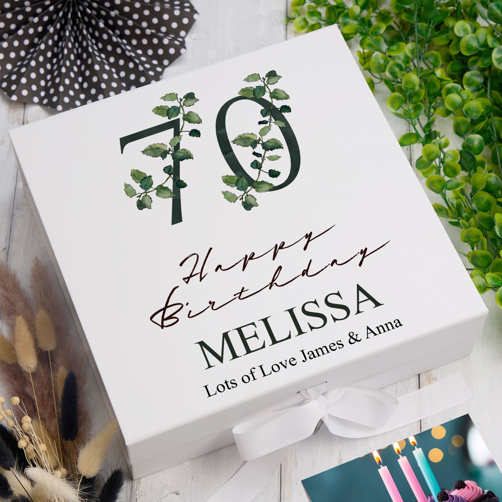 Personalised 70th Birthday Green Leaf Design Keepsake Memory Gift Box