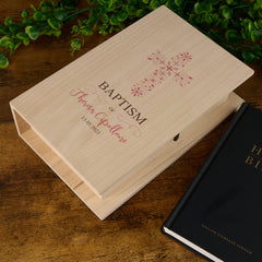 Personalised Baptism Wooden Keepsake Memory Book Pink Cross