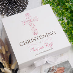 ukgiftstoreonline Personalised Christening Pink Ornate Cross Design Keepsake Memory Box