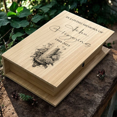 Personalised Memorial Sympathy Wooden Keepsake Memory Book Shape Box With Candle Image
