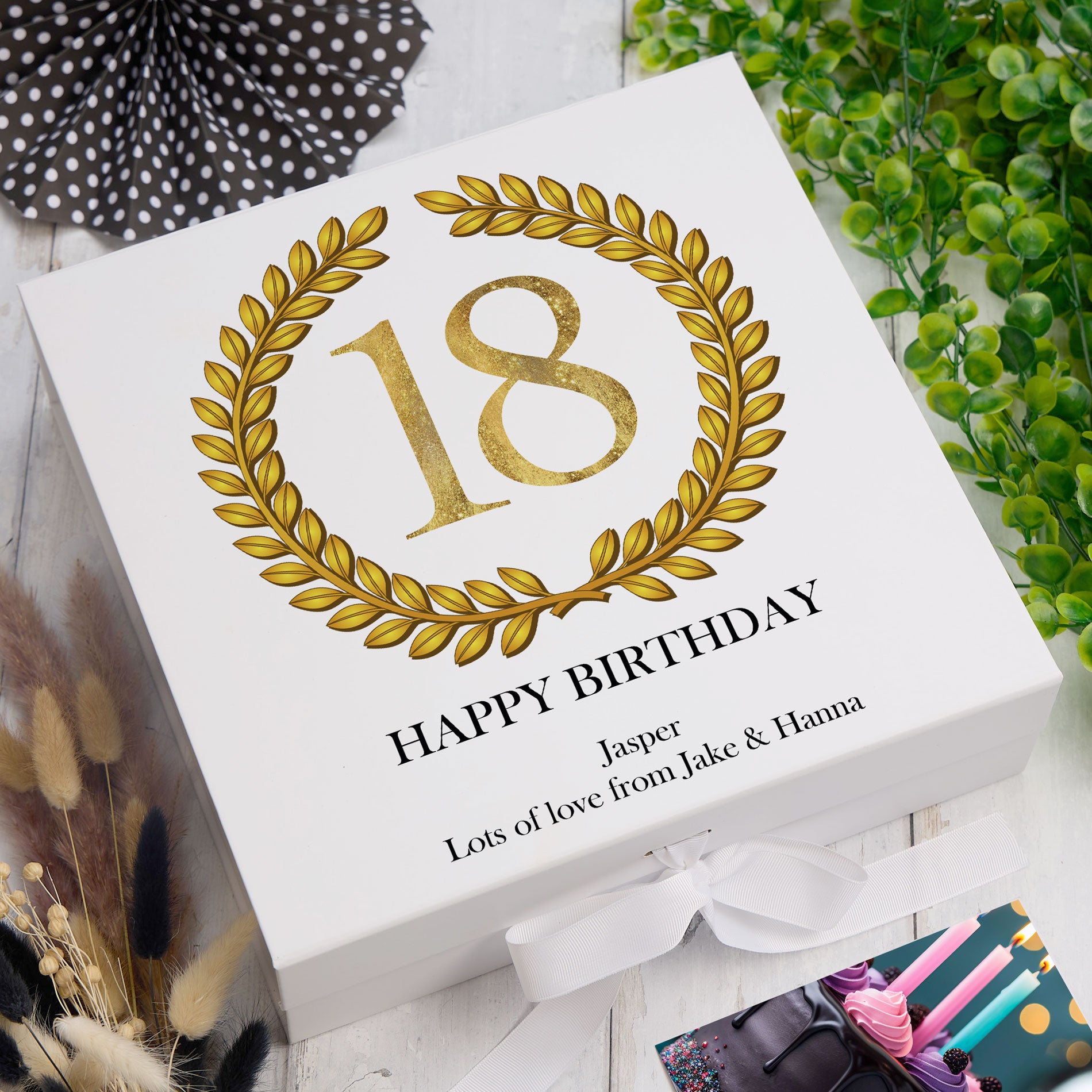 Personalised 18th Birthday Gift for him Keepsake Memory Box Gold Wreath Design