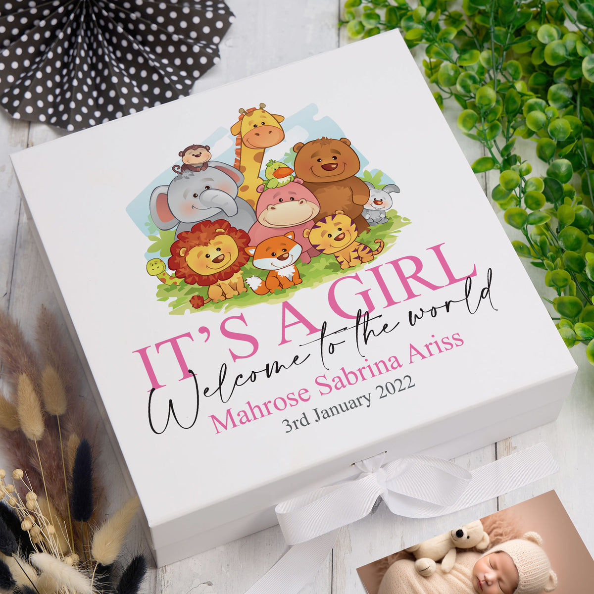 Personalised Baby Girl Cute Jungle animal Themed Keepsake Box Gift