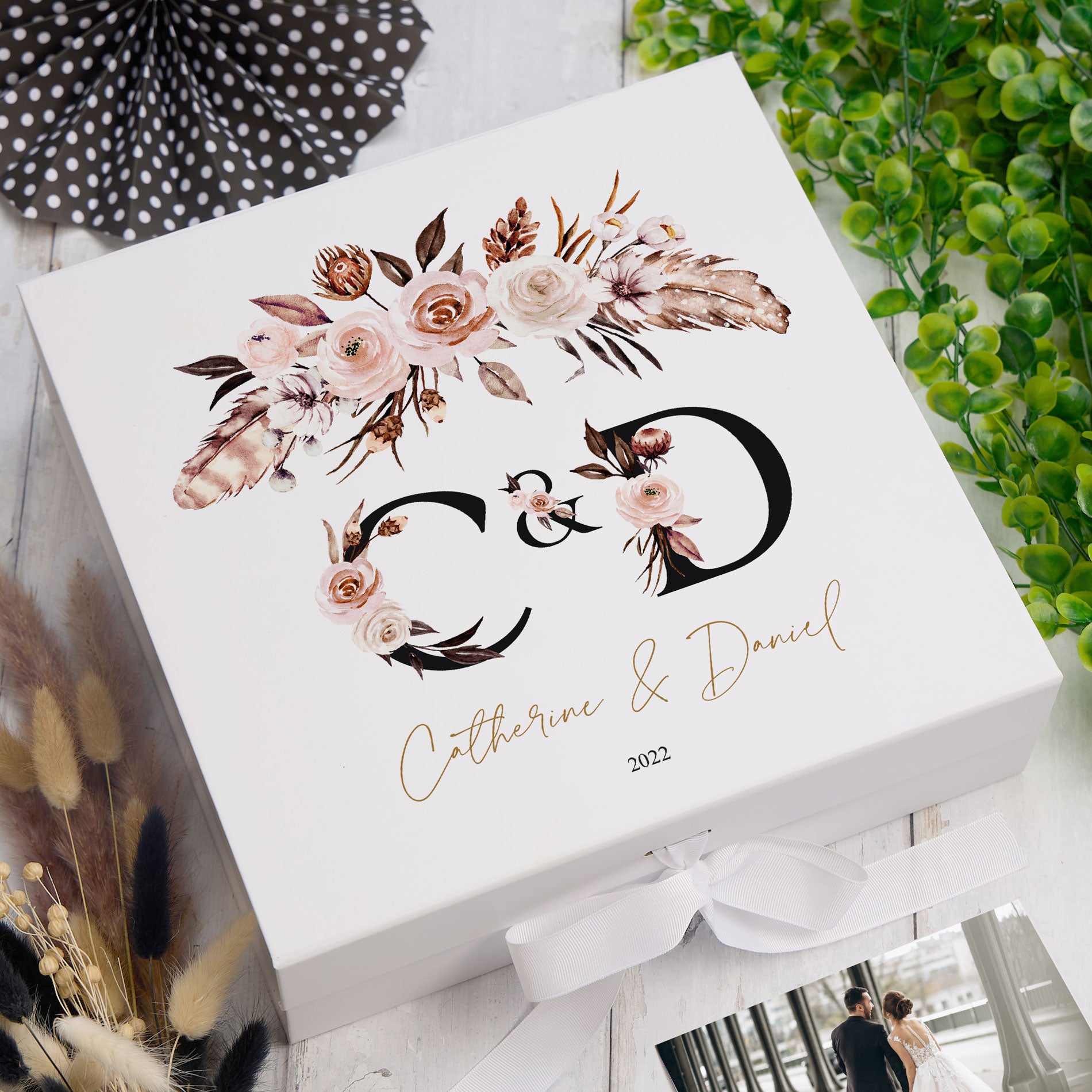 ukgiftstoreonline Personalised Boho Style Black Text Wedding Keepsake Memory Box Gift