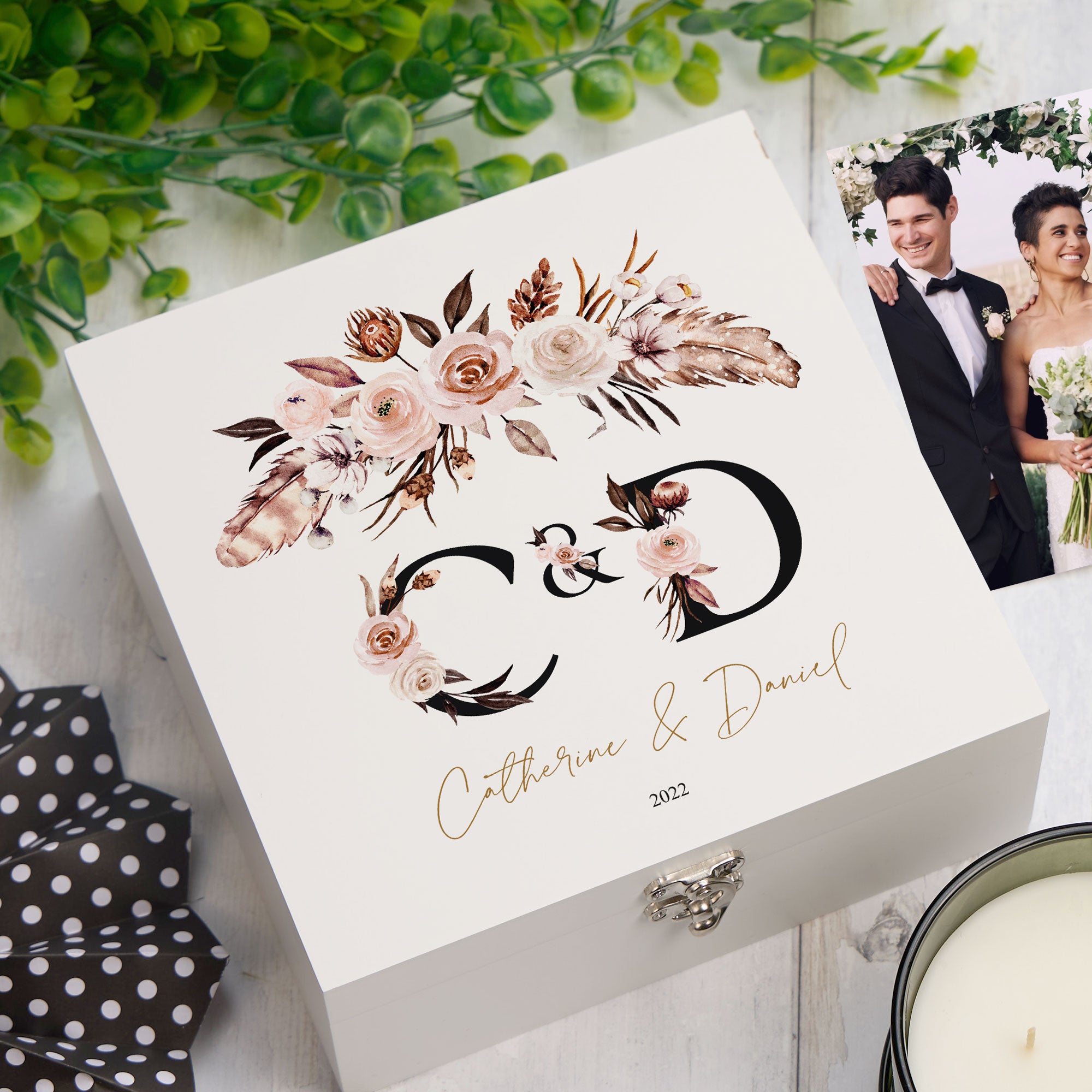 ukgiftstoreonline Personalised Boho Style Black Text Wedding Keepsake Memory Box Gift Keepsake Memory Box ukgiftstoreonline Wood Box Medium