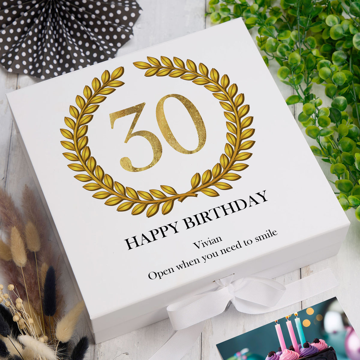 Personalised 30th Birthday Gift for him Keepsake Memory Box Gold Wreath Design