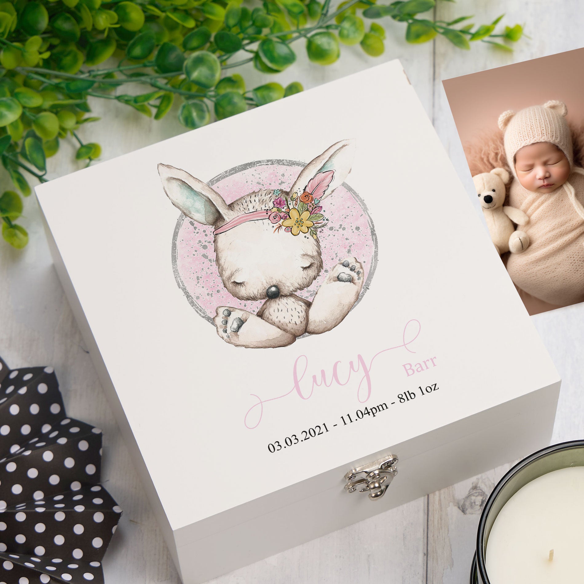 Personalised Baby Girl Gift Keepsake Memory Box Sitting Rabbit
