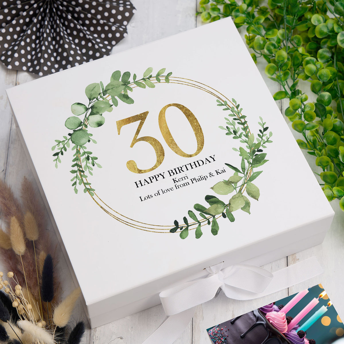 Personalised 30th Birthday Gift for her Keepsake Memory Box Gold Wreath Design