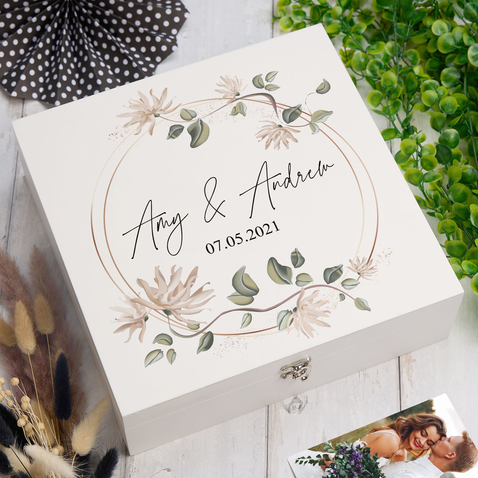 Personalised Wedding Keepsake Memory box Gift With Wreath