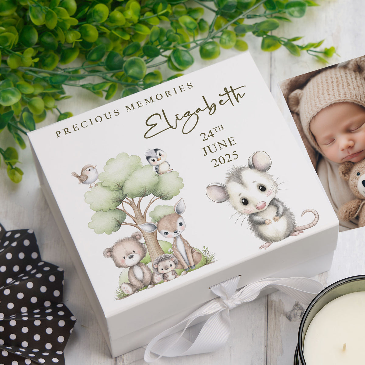 Personalised White Baby Memory Box, Woodland Animals, Special Baby Keepsake For Photos, Favourite Things and Mementos