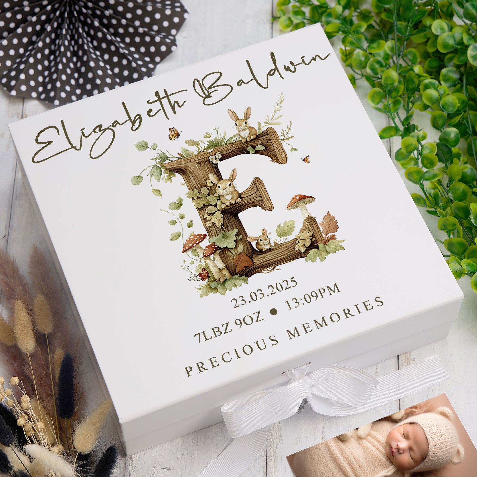 Personalised White Baby Memory Box, Woodland Alphabet Design, Special Baby Keepsake For Photos, Favourite Things and Mementos