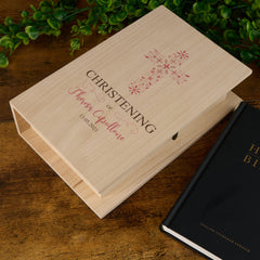 Personalised Christening Wooden Keepsake Memory Book Pink Cross